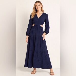 Old Navy Navy Blue Cut-Out Waist Maxi Dress Long Sleeve Size Medium NWT